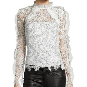 NWT Self-Portrait White Floral Guipure Lace Ruffled Cutout Blouse Top sz 4